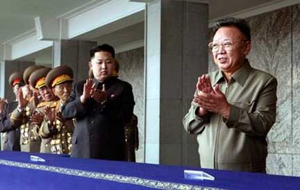ailing north korean leader kim jong il (right) and son kim jong un, his heir apparent, with north korean generals reviewing troops, 10 october 2010.