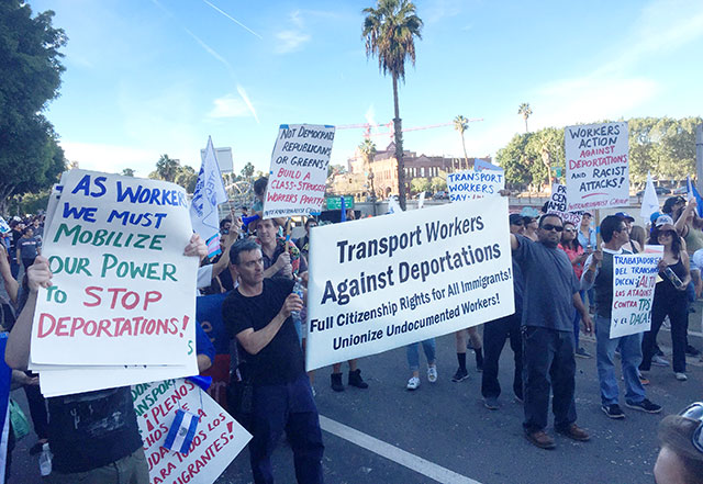 Transport Workers Against Deportations march in Los
            Angeles, 13 January 2018.