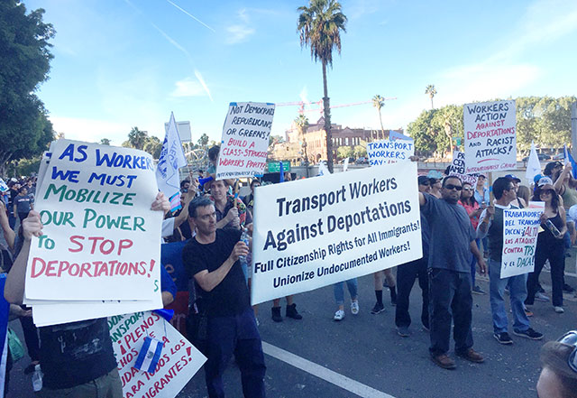 Transport Workers Against Deportations march in Los
Angeles, 13 January 2018.