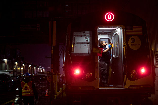 Disinfecting subway car, 3 March 2020. (Photo: New York
            Times)