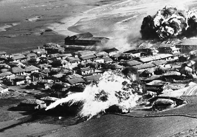 napalm bombing of village near hanchon, north korea, 10 may 1951. use of napalm on villages later became infamous in vietnam, but much more was dumped on north korea.