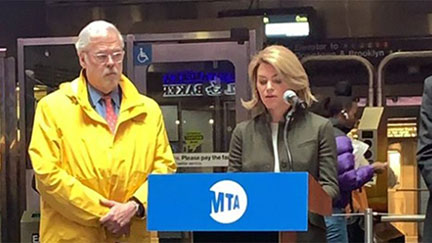 MTA chairman Pat
                Foye and NYCTA interim president SarahFeinberg, 25
                February 2020. (Photo: Fox5)